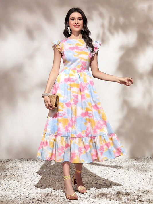 Burning Bones Round Neck Tie Ruffle Hem A Line Dress Short Sleeve Long Dress