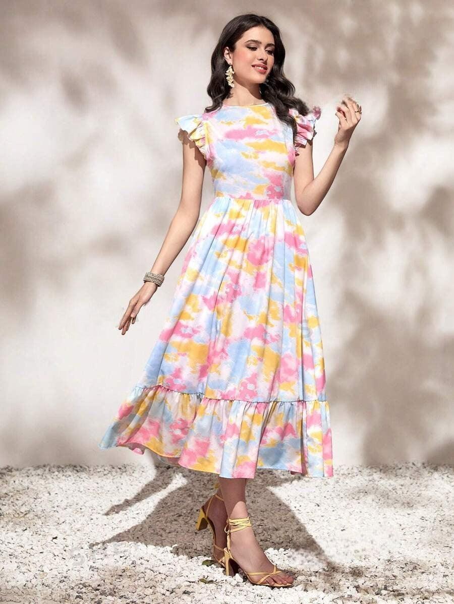 Burning Bones Round Neck Tie Ruffle Hem A Line Dress Short Sleeve Long Dress
