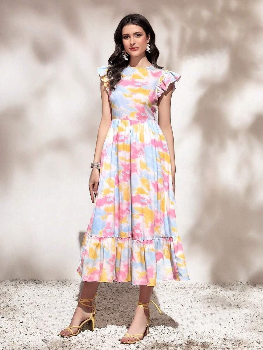 Burning Bones Round Neck Tie Ruffle Hem A Line Dress Short Sleeve Long Dress