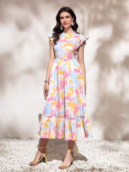 Burning Bones Round Neck Tie Ruffle Hem A Line Dress Short Sleeve Long Dress