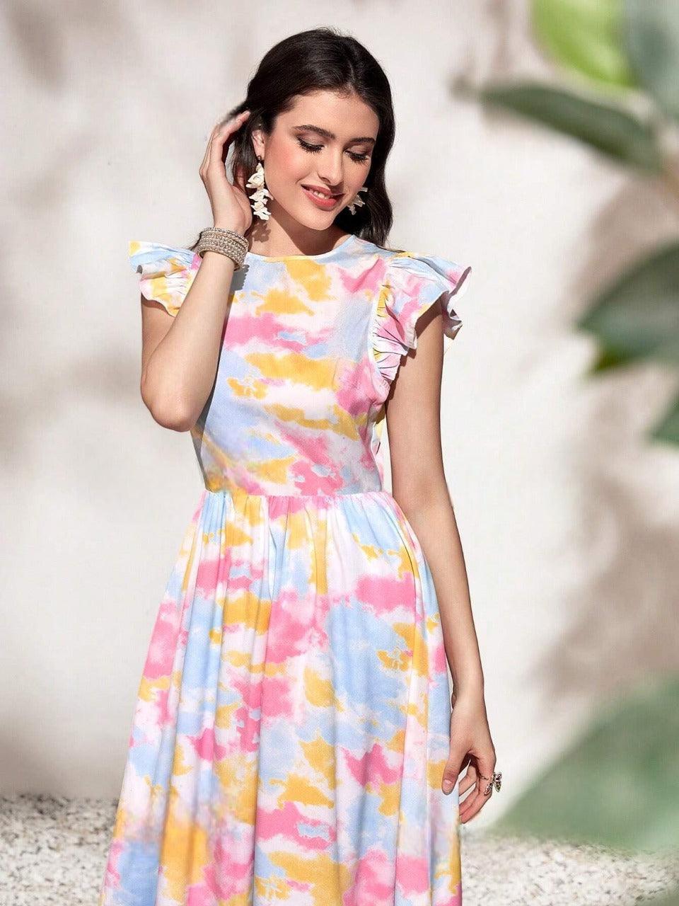 Burning Bones Round Neck Tie Ruffle Hem A Line Dress Short Sleeve Long Dress
