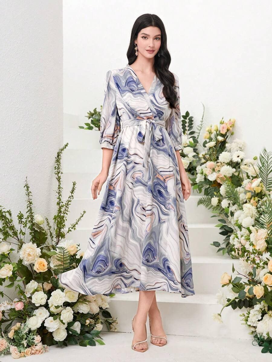 Burning Bones Marble Print Surplice Neck Belted Dress