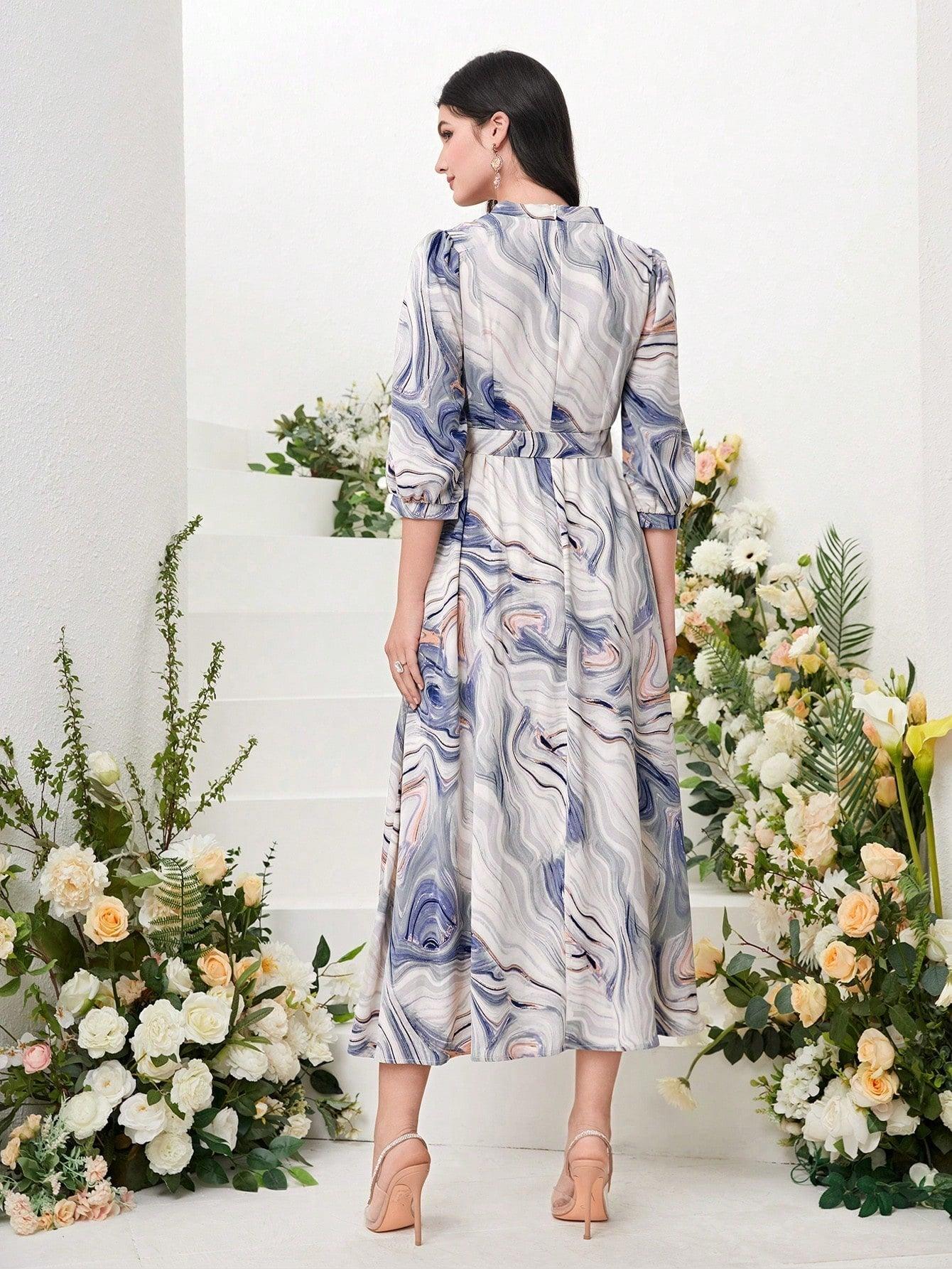 Burning Bones Marble Print Surplice Neck Belted Dress