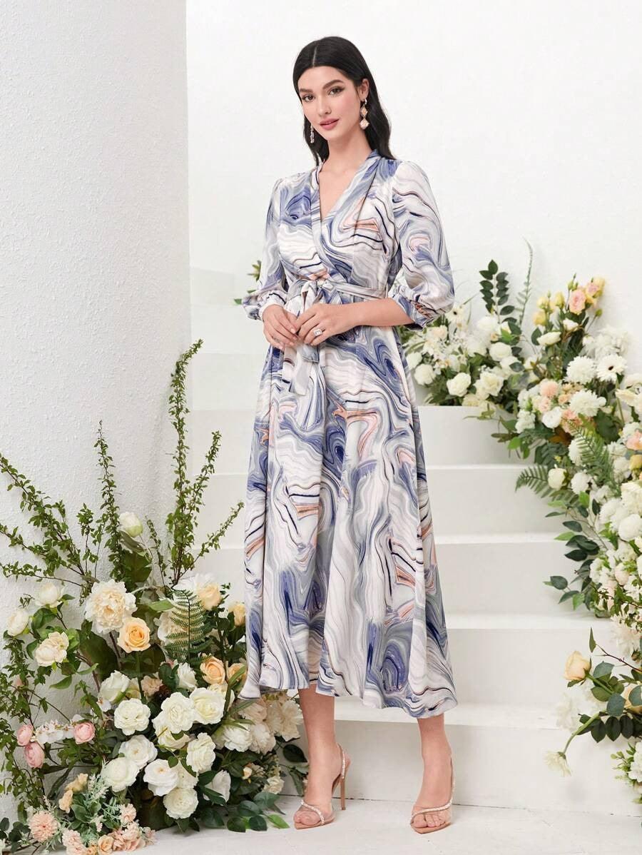 Burning Bones Marble Print Surplice Neck Belted Dress