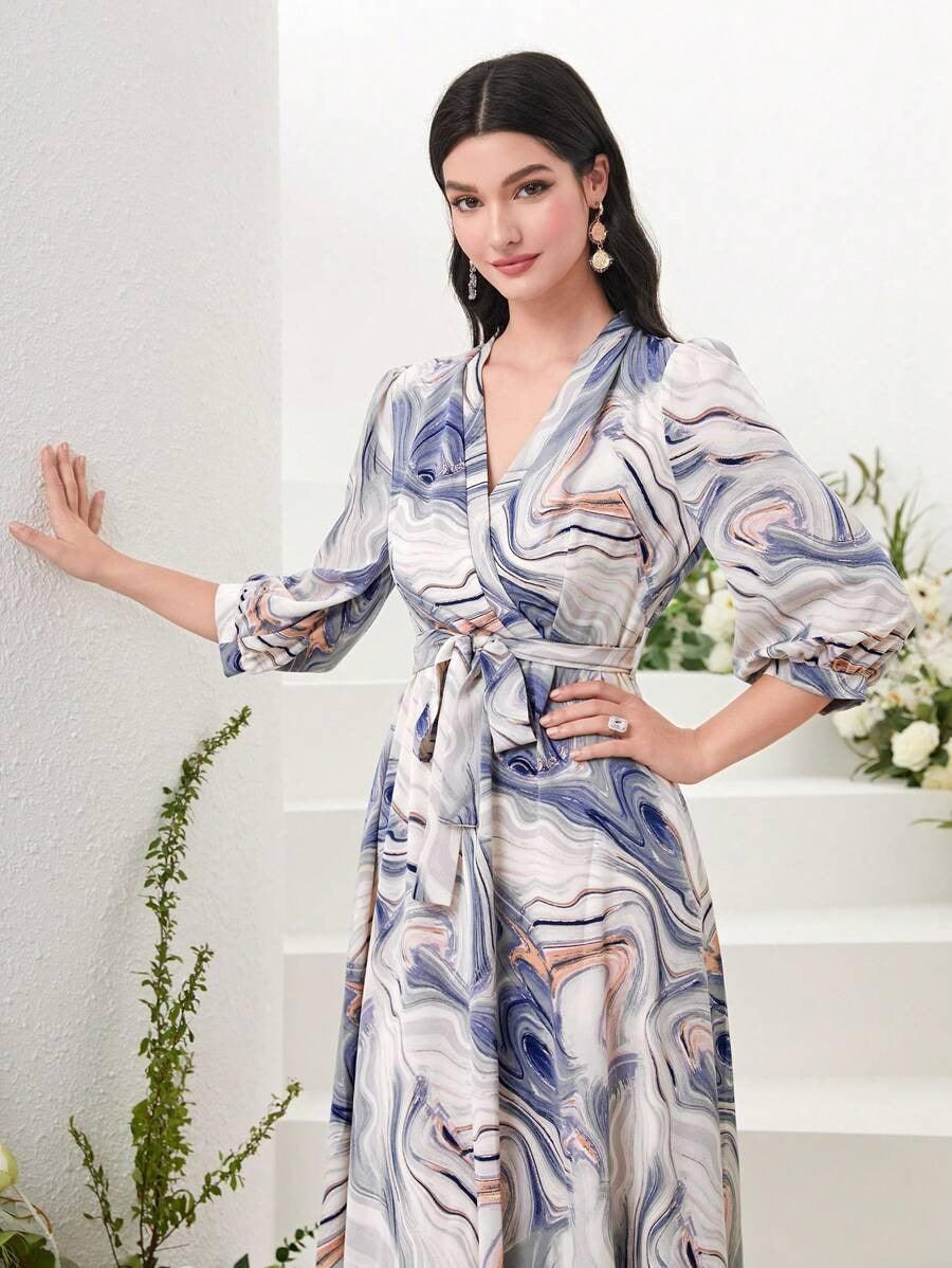 Burning Bones Marble Print Surplice Neck Belted Dress