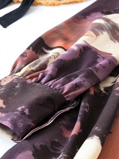 Burning Bones GEO PRINTED TANK MIDI DRESS featuring detailed fabric texture in abstract watercolor-like pattern of purple, brown, and cream tones, with gathered elastic sleeve detail showcasing the dress's artistic print and quality rayon material