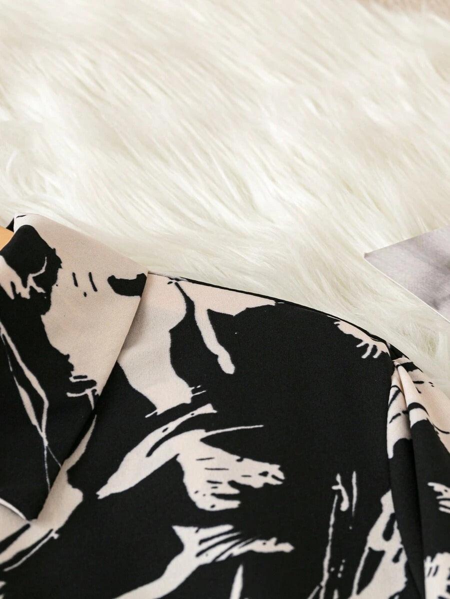 Burning Bones Graphic Print Roll Tab Sleeve Shirt Dress
