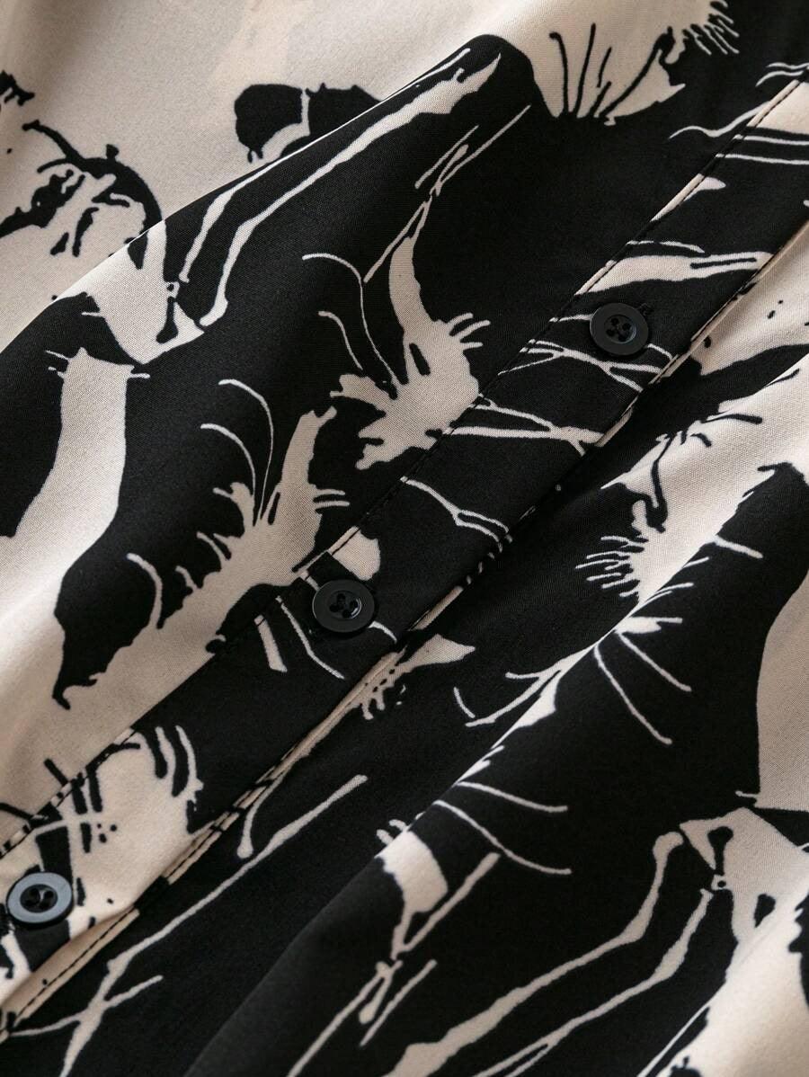 Burning Bones Graphic Print Roll Tab Sleeve Shirt Dress