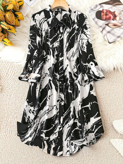 Burning Bones Graphic Print Roll Tab Sleeve Shirt Dress