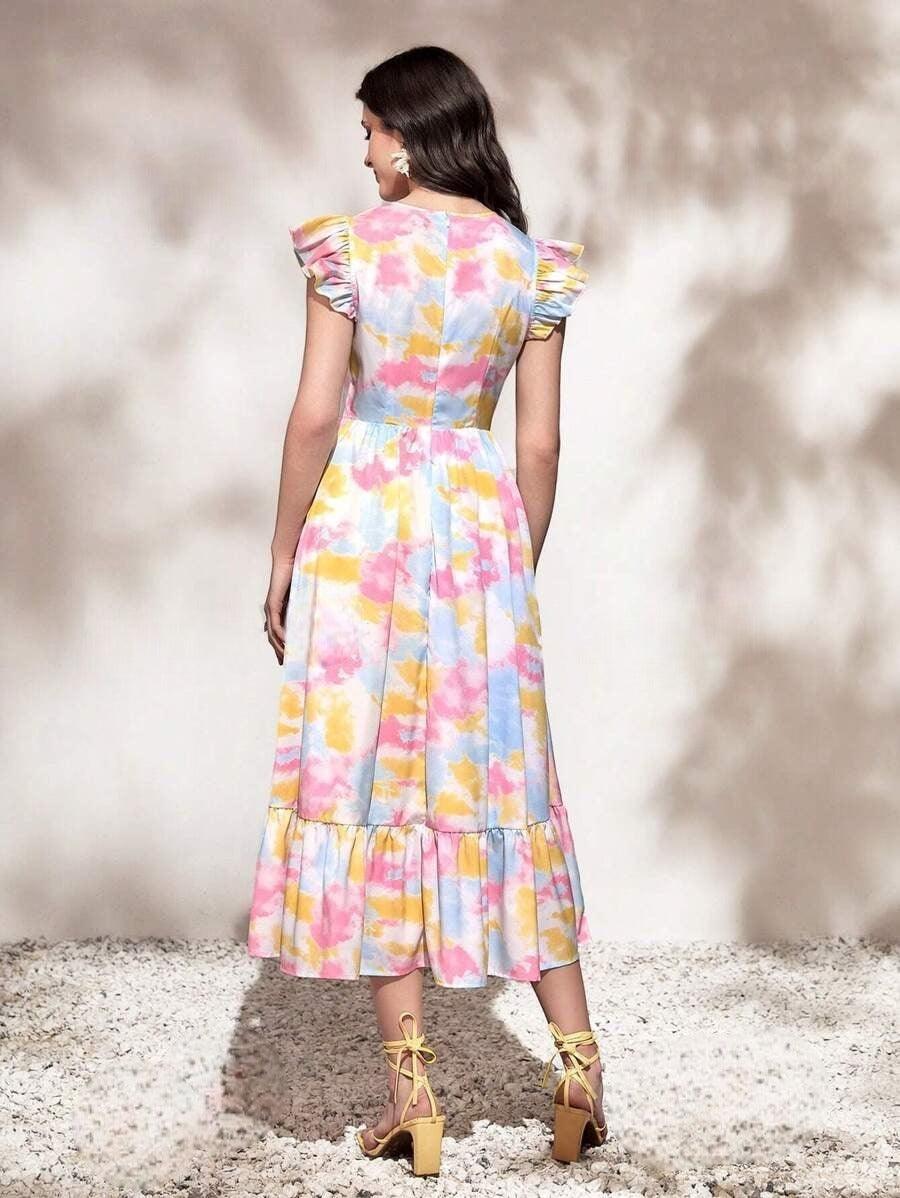 Burning Bones Round Neck Tie Ruffle Hem A Line Dress Short Sleeve Long Dress
