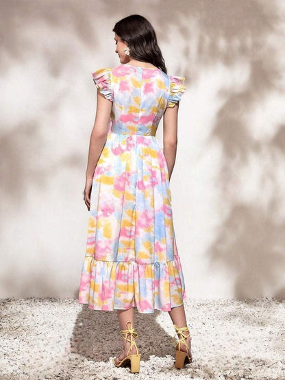 Burning Bones Round Neck Tie Ruffle Hem A Line Dress Short Sleeve Long Dress