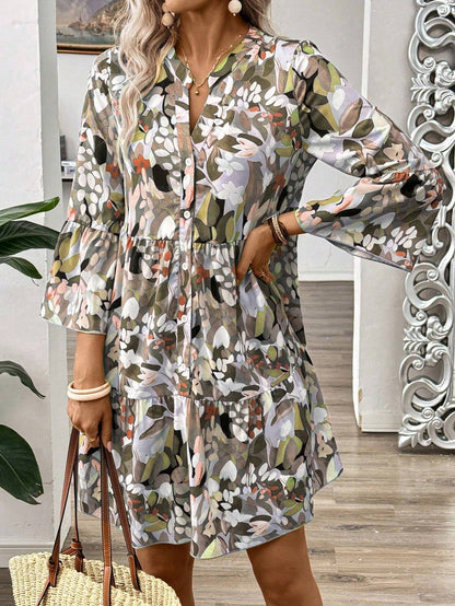 Burning Bones Floral Print Tiered Shirt Dress for Women | Casual Boho Chic Dress