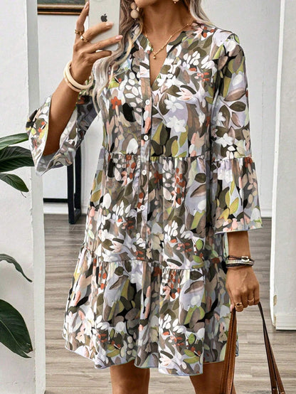 Burning Bones Floral Print Tiered Shirt Dress for Women | Casual Boho Chic Dress