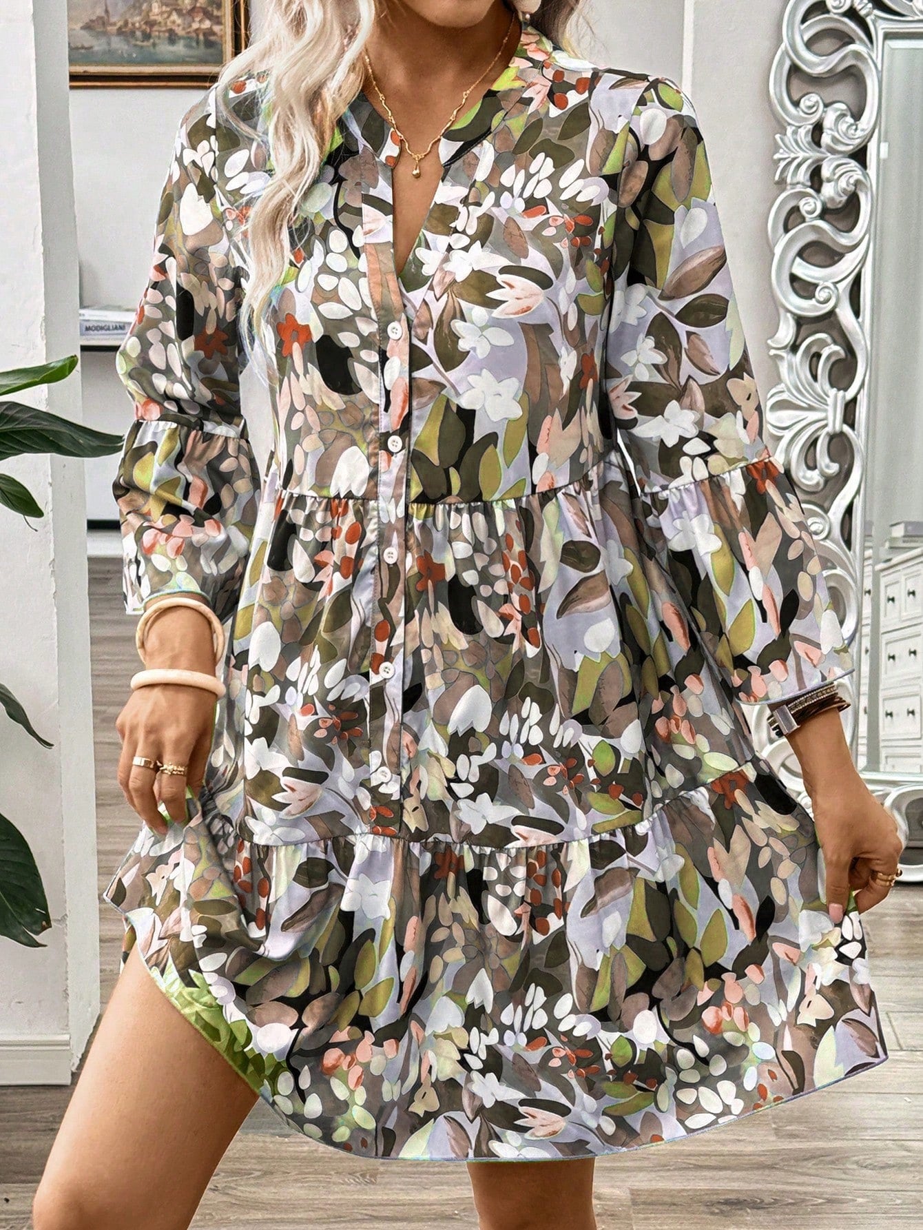 Burning Bones Floral Print Tiered Shirt Dress for Women | Casual Boho Chic Dress