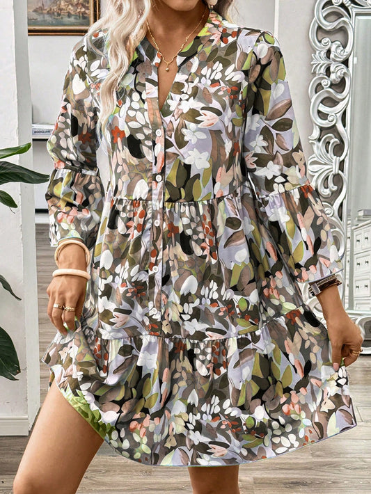 Burning Bones Floral Print Tiered Shirt Dress for Women | Casual Boho Chic Dress