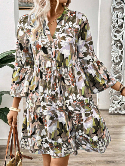 Burning Bones Floral Print Tiered Shirt Dress for Women | Casual Boho Chic Dress