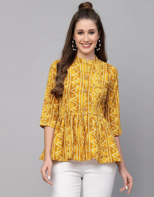 Burning Bones Women's Crepe Bandhni Printed Peplum Top