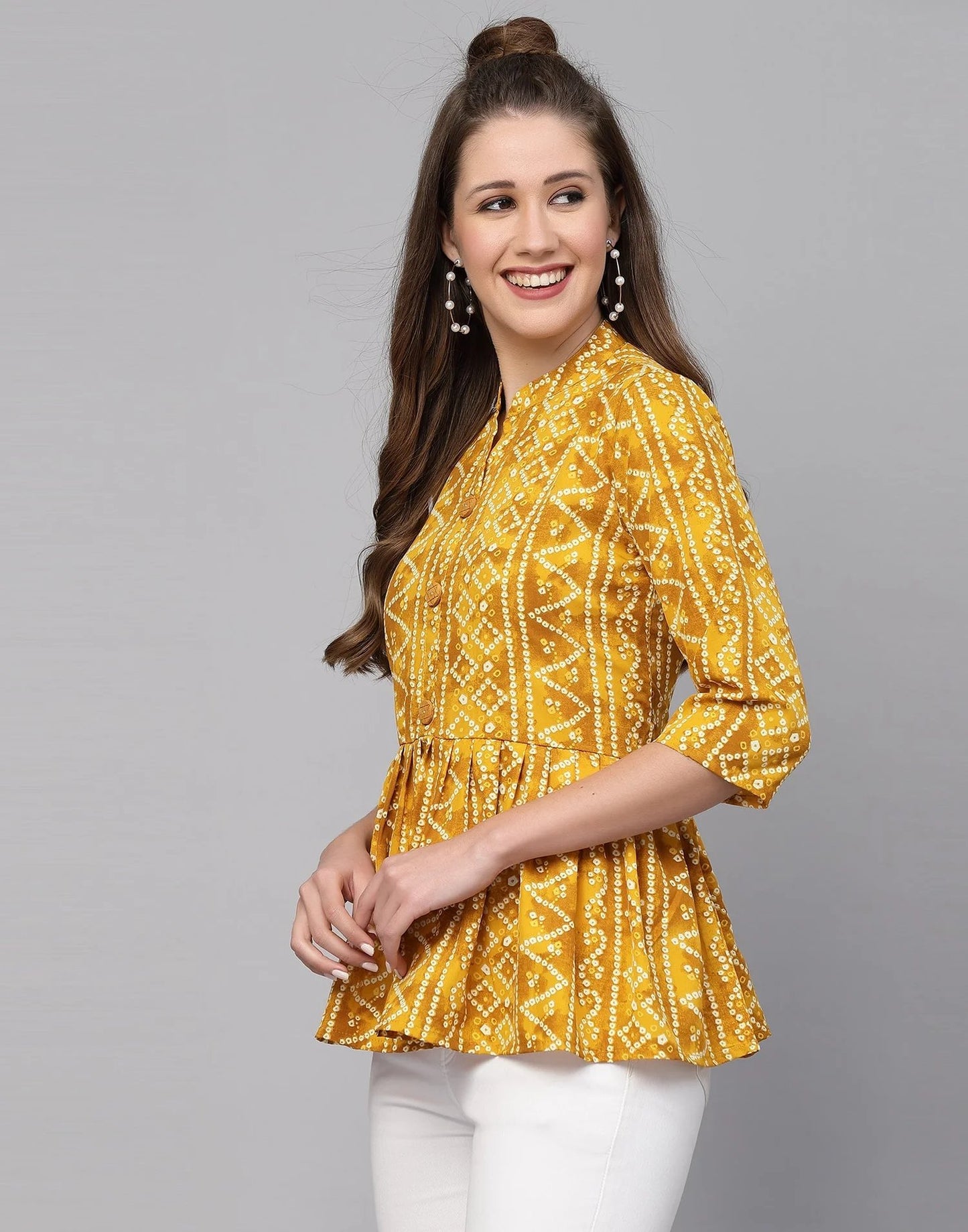 Burning Bones Women's Crepe Bandhni Printed Peplum Top