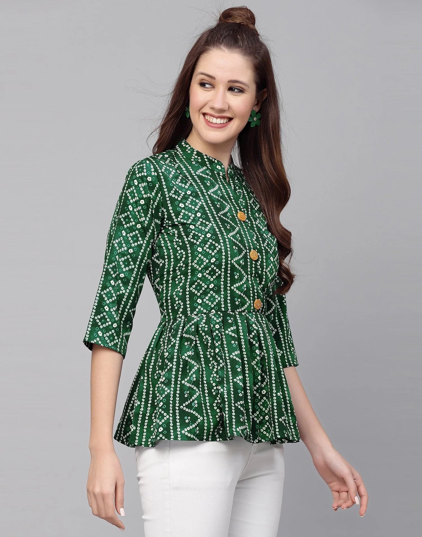 Burning Bones Women's Crepe Bandhni Printed Peplum Top
