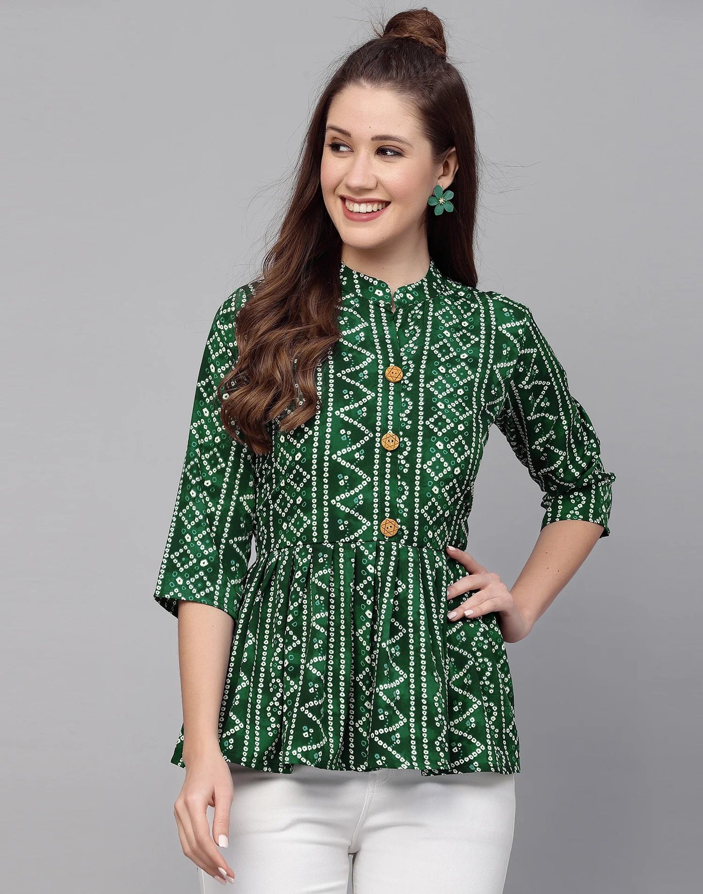 Burning Bones Women's Crepe Bandhni Printed Peplum Top