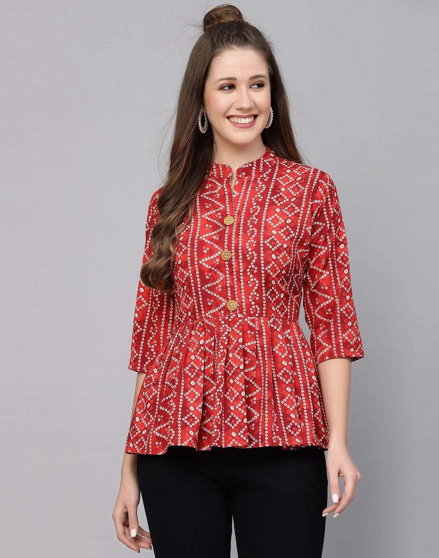 Burning Bones Women's Crepe Bandhni Printed Peplum Top