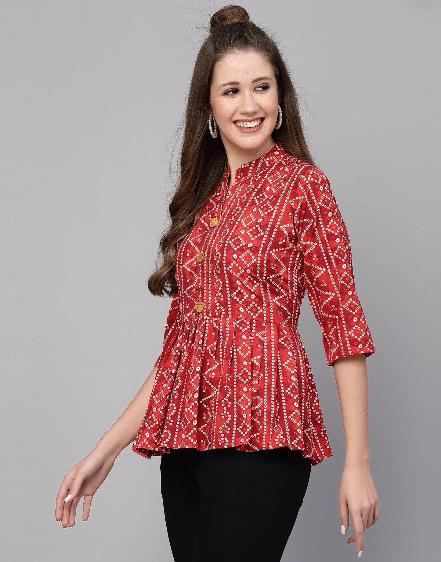 Burning Bones Women's Crepe Bandhni Printed Peplum Top