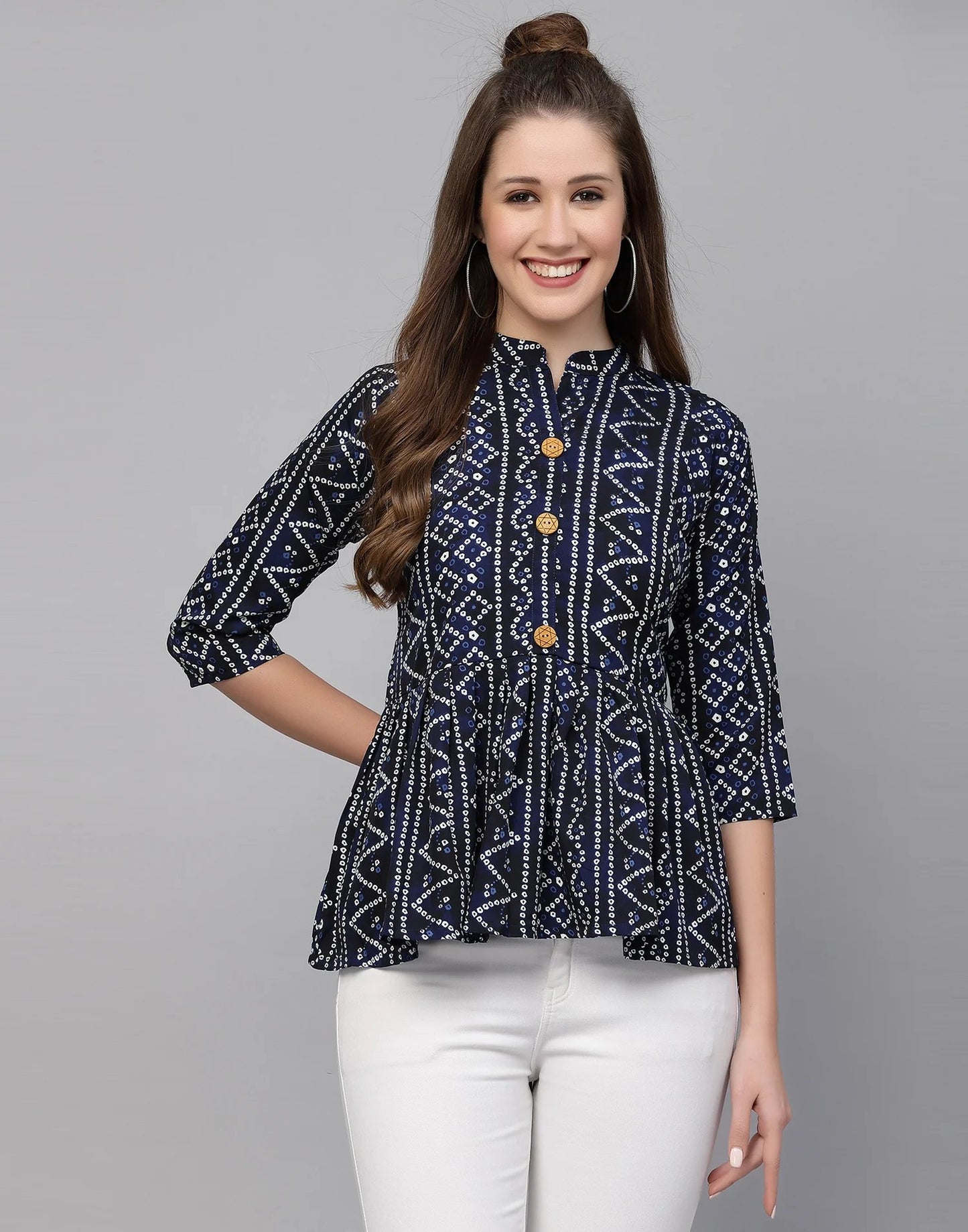 Burning Bones Women's Crepe Bandhni Printed Peplum Top