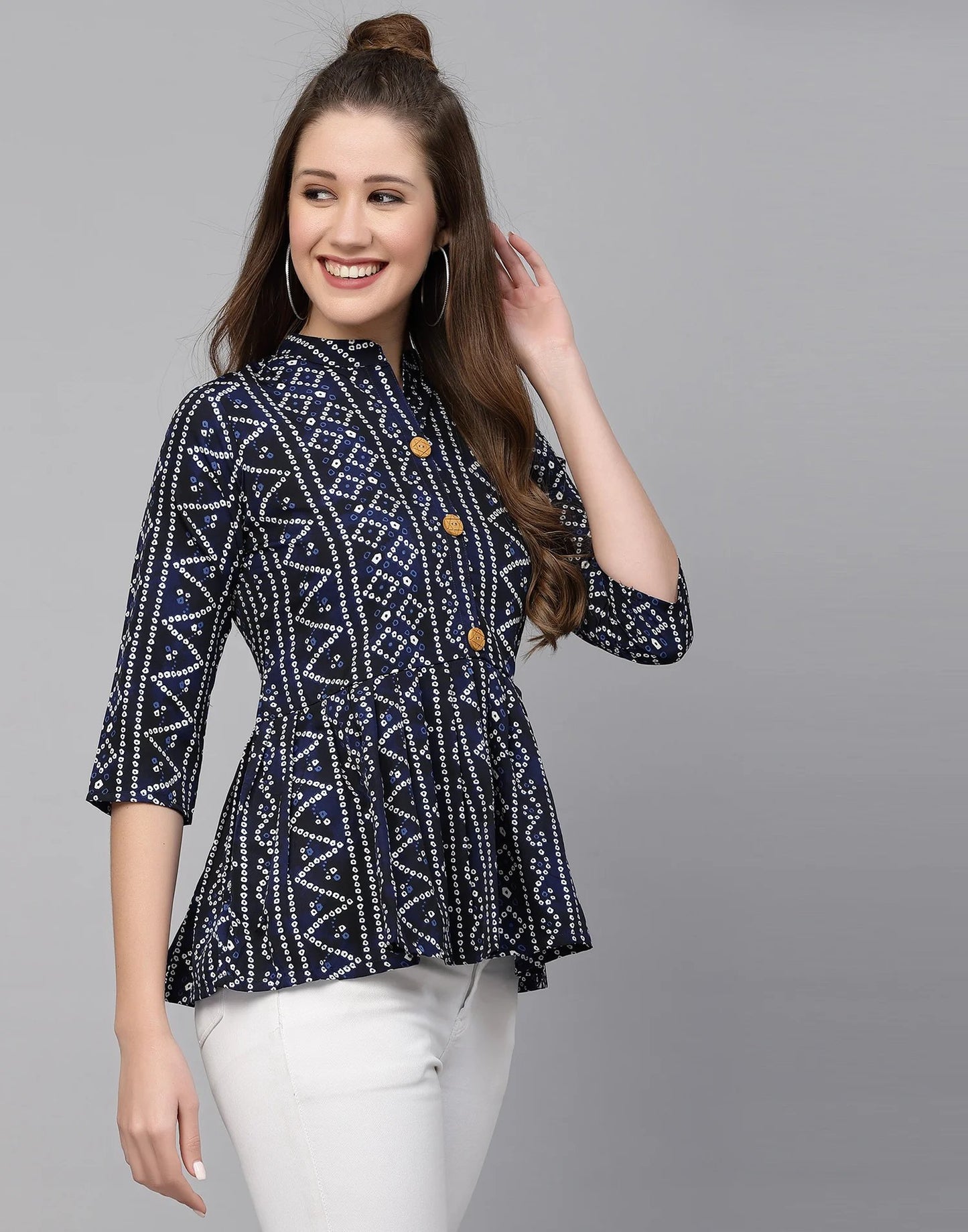 Burning Bones Women's Crepe Bandhni Printed Peplum Top