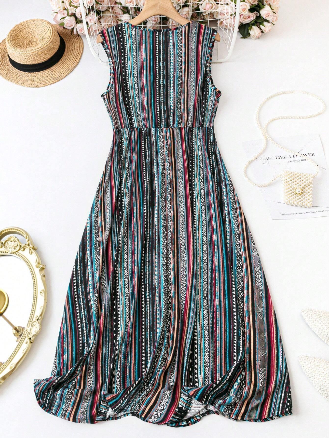 Burning Bones Striped V-Neck Sleeveless Waist-Tie Dress