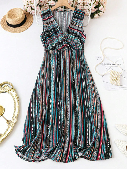 Burning Bones Striped V-Neck Sleeveless Waist-Tie Dress