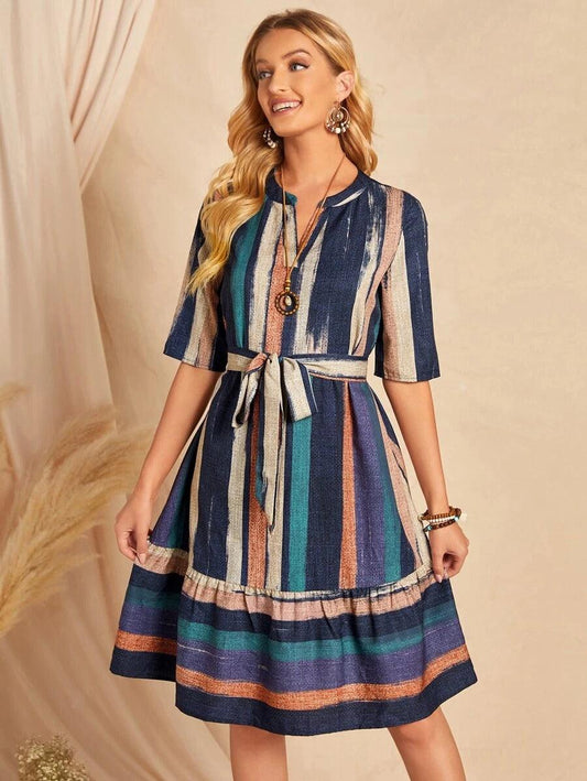 Burning Bones Women's Brush Print Belted Ruffle Hem Dress