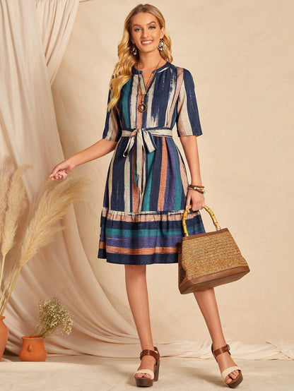 Burning Bones Women's Brush Print Belted Ruffle Hem Dress