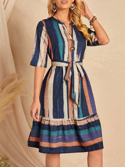 Burning Bones Women's Brush Print Belted Ruffle Hem Dress