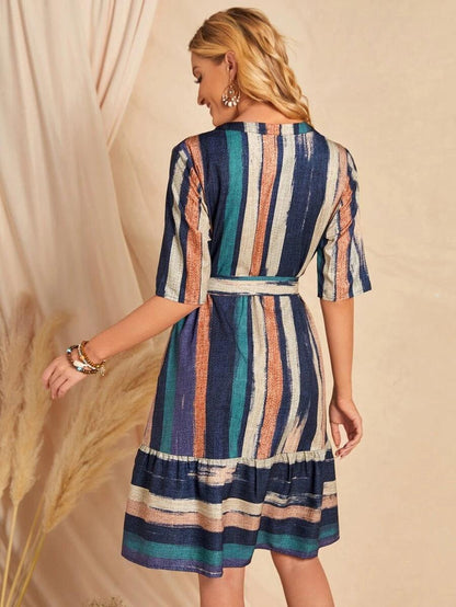 Burning Bones Women's Brush Print Belted Ruffle Hem Dress