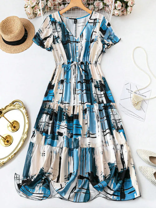 Burning Bones Women's Elegant Plaid & Print V-Neck Short Sleeve Summer Dress