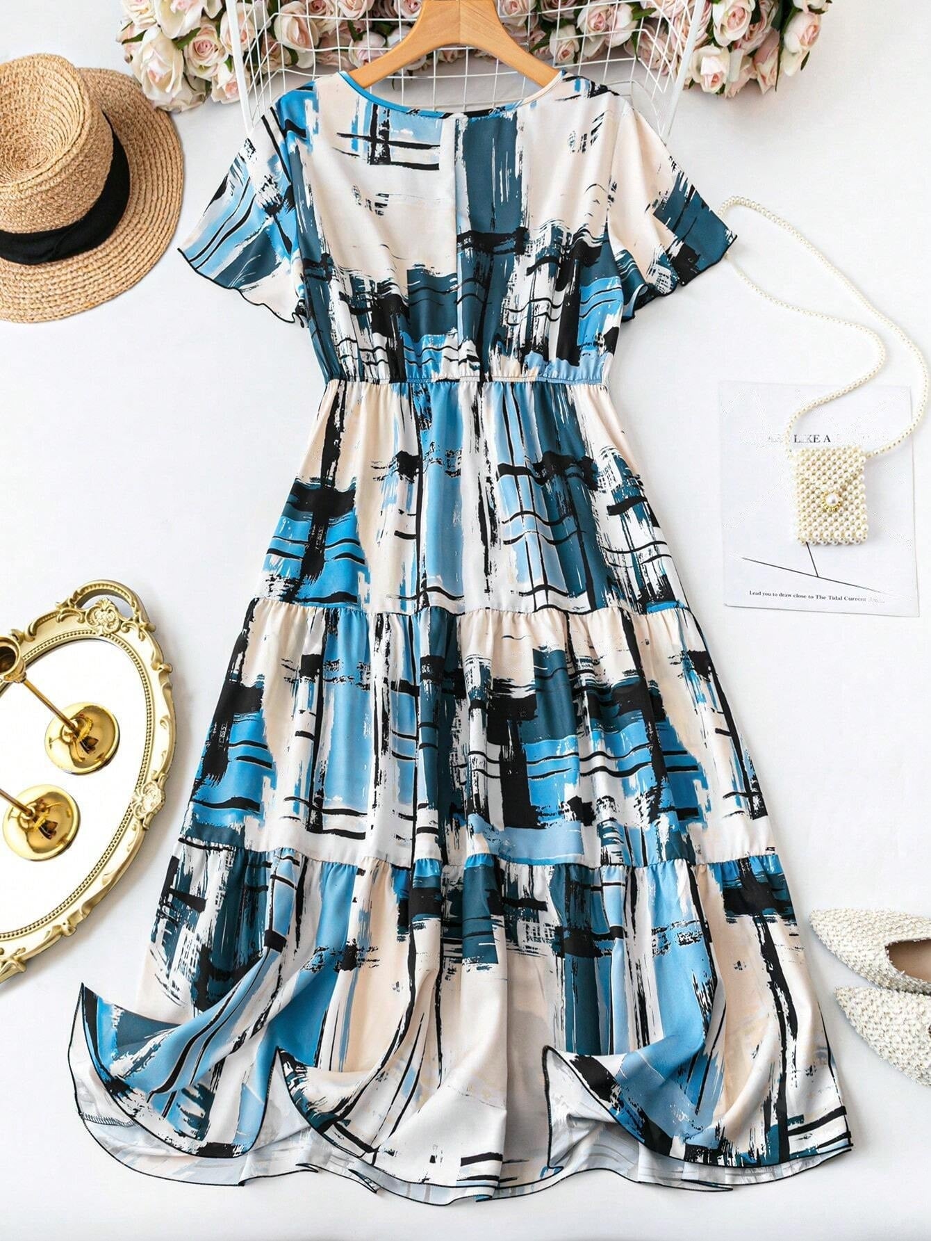 Burning Bones Women's Elegant Plaid & Print V-Neck Short Sleeve Summer Dress
