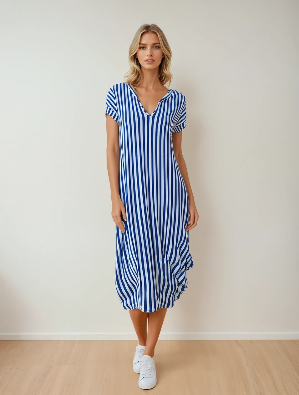 Burning Bones Summer Casual Striped Notched Neck Short Sleeve Midi Dress