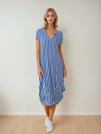 Burning Bones Summer Casual Striped Notched Neck Short Sleeve Midi Dress