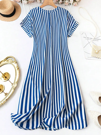 Burning Bones Summer Casual Striped Notched Neck Short Sleeve Midi Dress