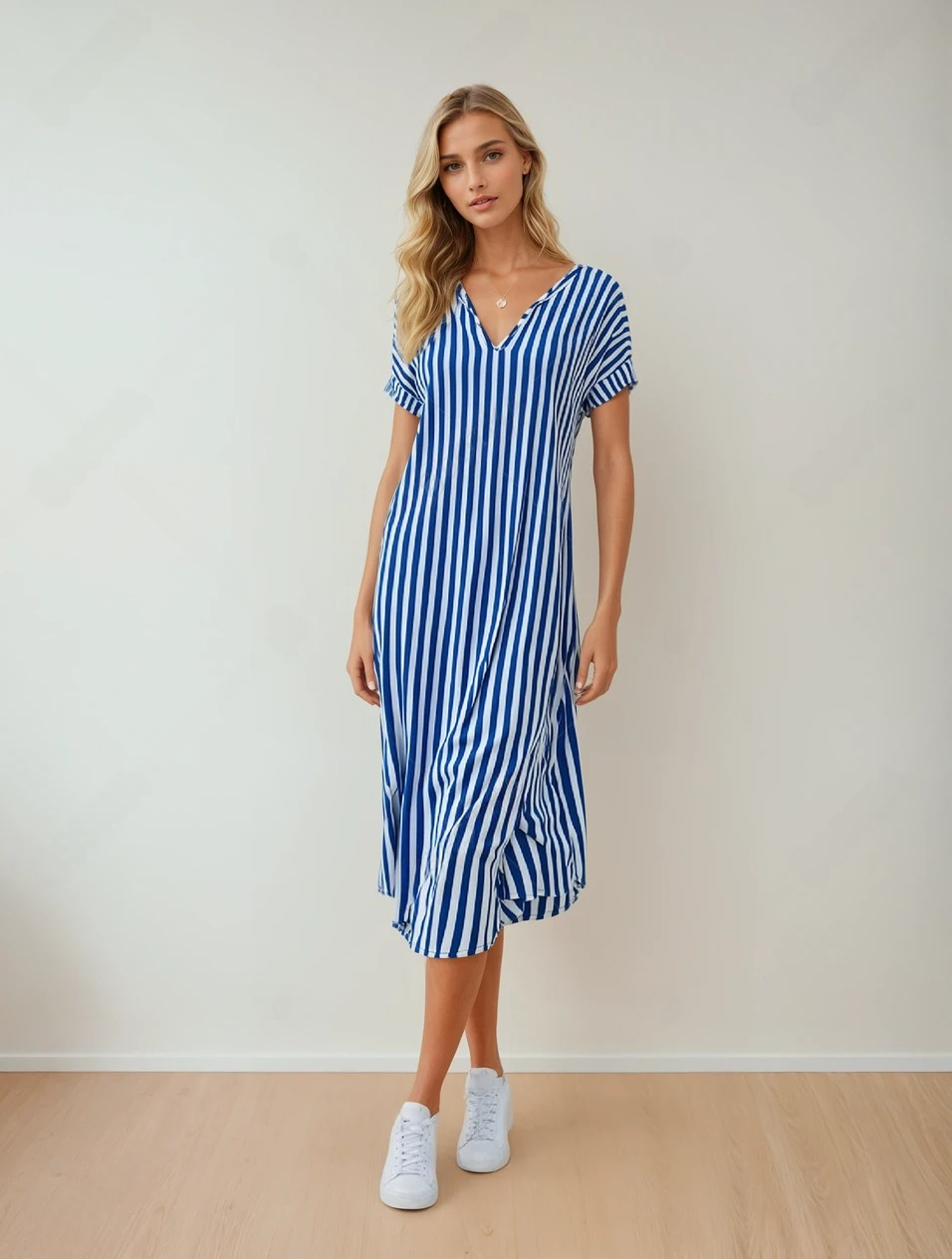 Burning Bones Summer Casual Striped Notched Neck Short Sleeve Midi Dress