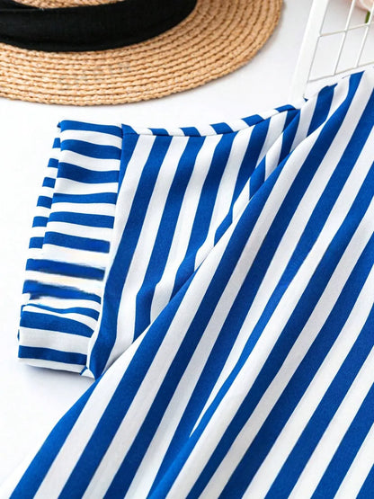 Burning Bones Summer Casual Striped Notched Neck Short Sleeve Midi Dress