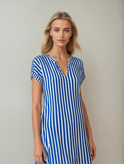 Burning Bones Summer Casual Striped Notched Neck Short Sleeve Midi Dress