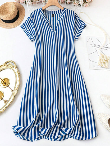Burning Bones Summer Casual Striped Notched Neck Short Sleeve Midi Dress