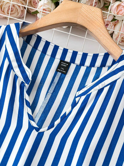 Burning Bones Summer Casual Striped Notched Neck Short Sleeve Midi Dress