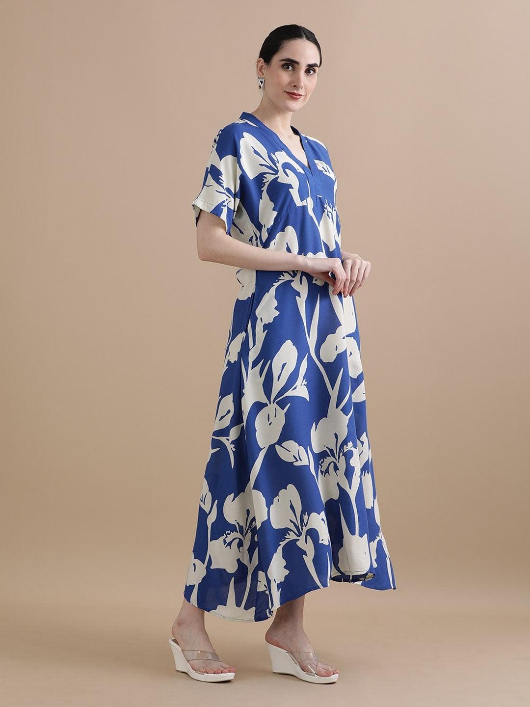 Burning Bones Women's Cotton Floral Relaxed Fit Printed Maxi Dress With Pocket