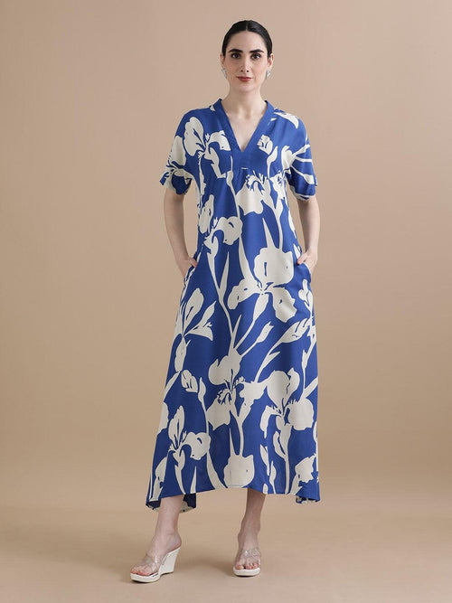 Burning Bones Women's Cotton Floral Relaxed Fit Printed Maxi Dress With Pocket