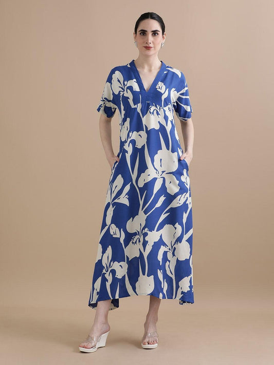 Burning Bones Women's Cotton Floral Relaxed Fit Printed Maxi Dress With Pocket
