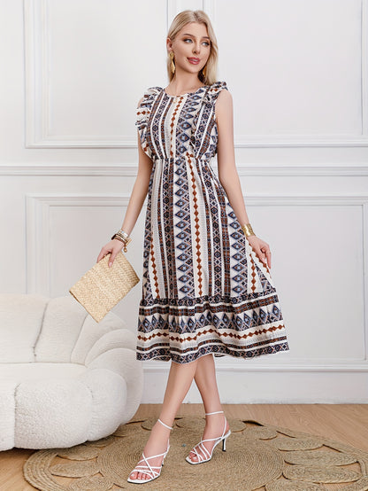 Burning Bones Striped Round-Neck Ruffled Patern Sleeveless Waist-Tie Maxi Dress