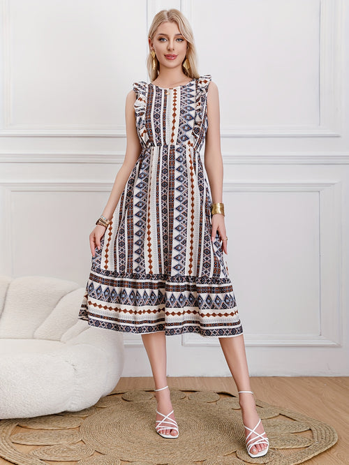 Burning Bones Striped Round-Neck Ruffled Patern Sleeveless Waist-Tie Maxi Dress