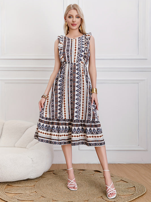 Burning Bones Striped Round-Neck Ruffled Patern Sleeveless Waist-Tie Maxi Dress